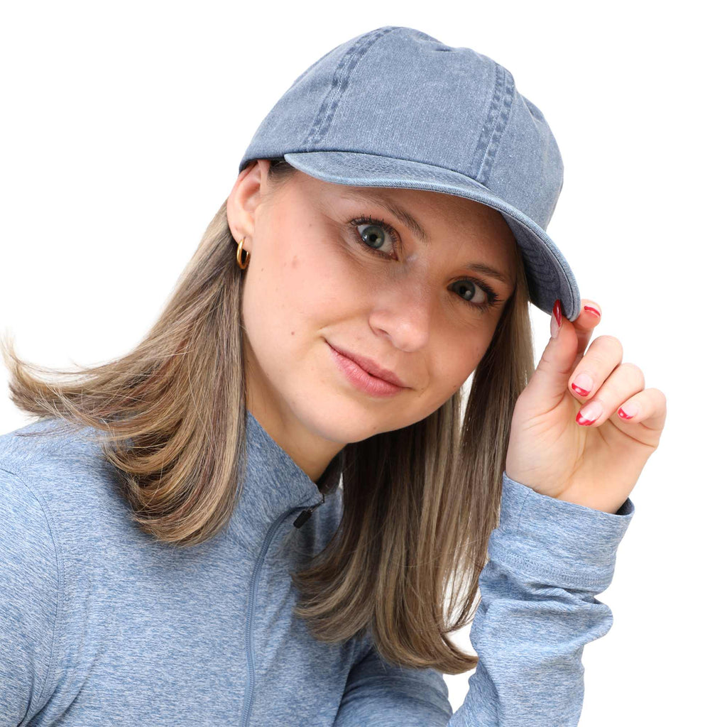 Washed Six Panel Ball Cap in Recycled Cotton Embroidery - Vintage Navy - On Model