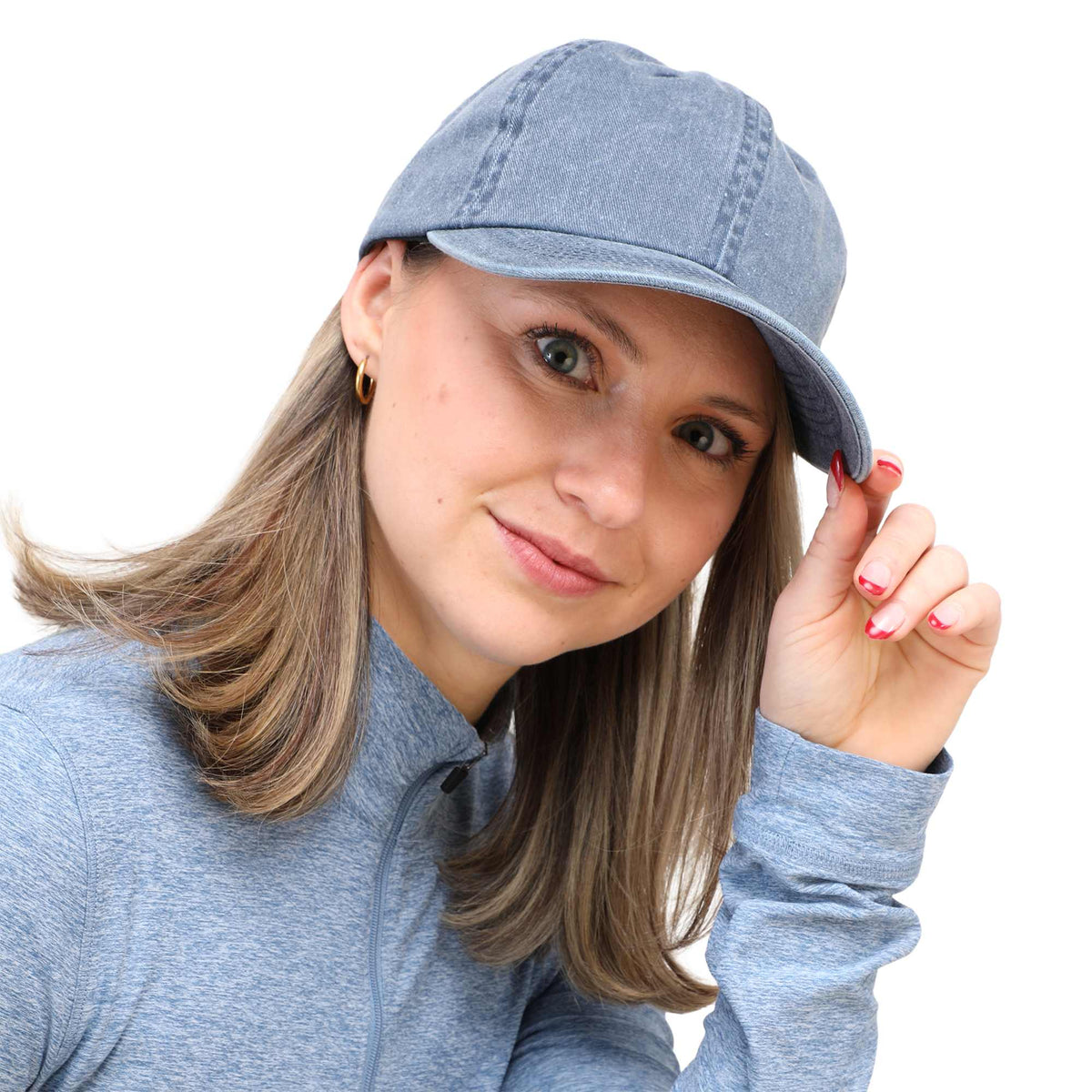 Washed Six Panel Ball Cap in Recycled Cotton Embroidery - Vintage Navy - On Model