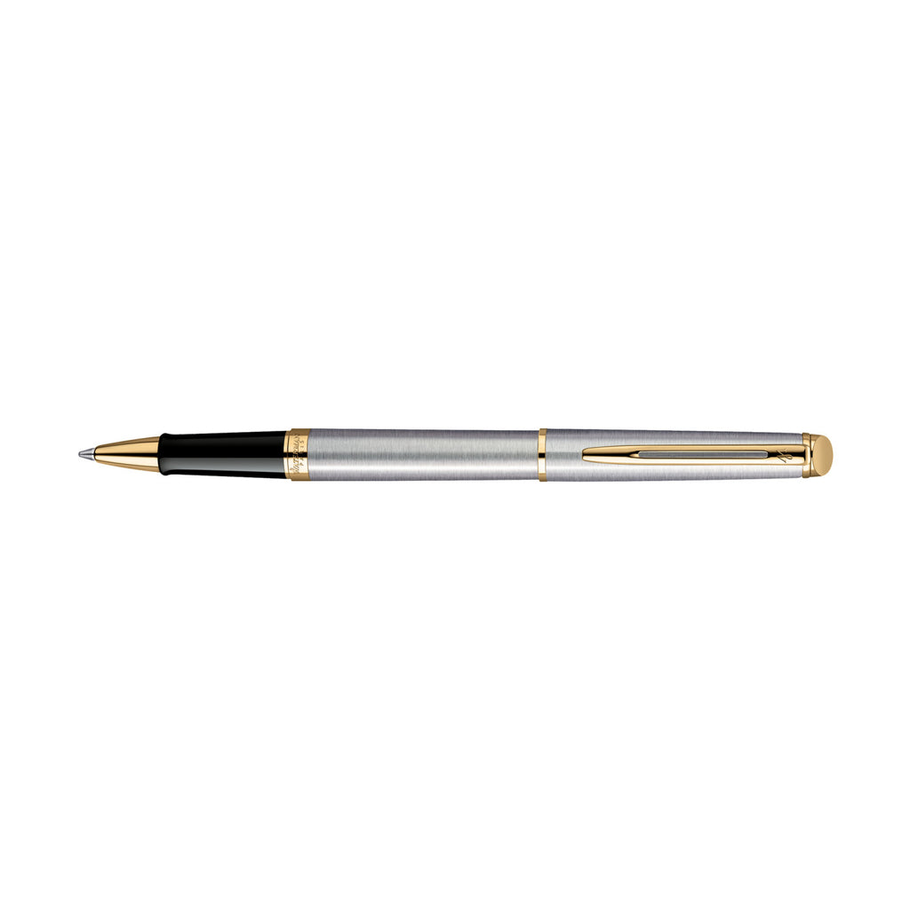 Waterman Hemisphere Rollerball Pen, Black Ink Laser Engraving - Stainless Steel - Gold Trim - View 3