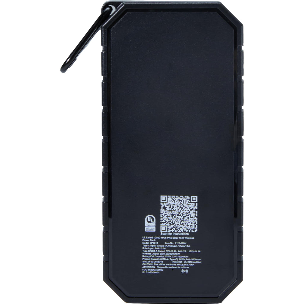 Waterproof Solar Power Bank with 15W Wireless Charging, 10,000 mAh Full Color - Black - Back