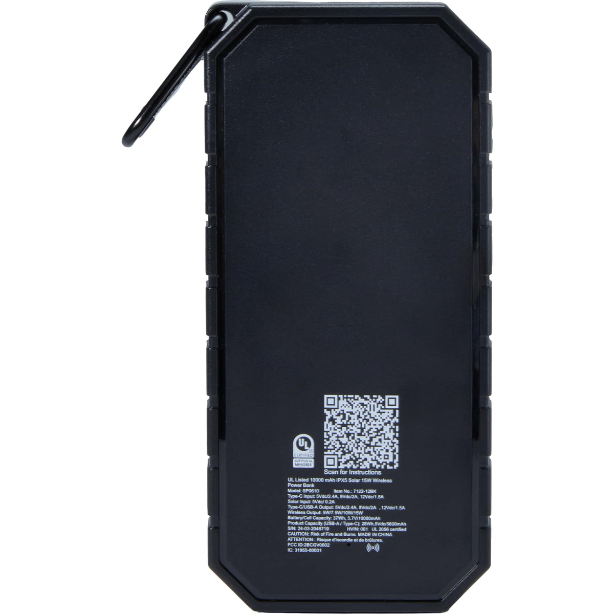Waterproof Solar Power Bank with 15W Wireless Charging, 10,000 mAh Full Color - Black - Back