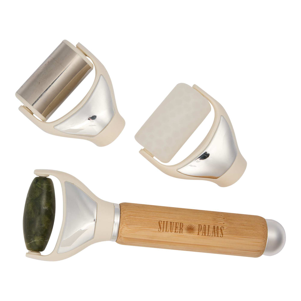 Wellable 3-in-1 Face and Body Roller Set with Bamboo Handle Laser Engraving - Natural - Left Angle
