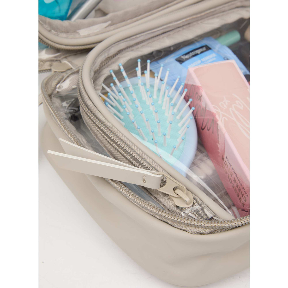 Wellable Clear Toiletry Case with Grab Handle Transfer - Gray - Propped Detail