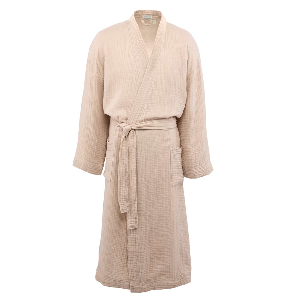 Wellable Cotton Muslin Robe Embroidery - Stone - Front