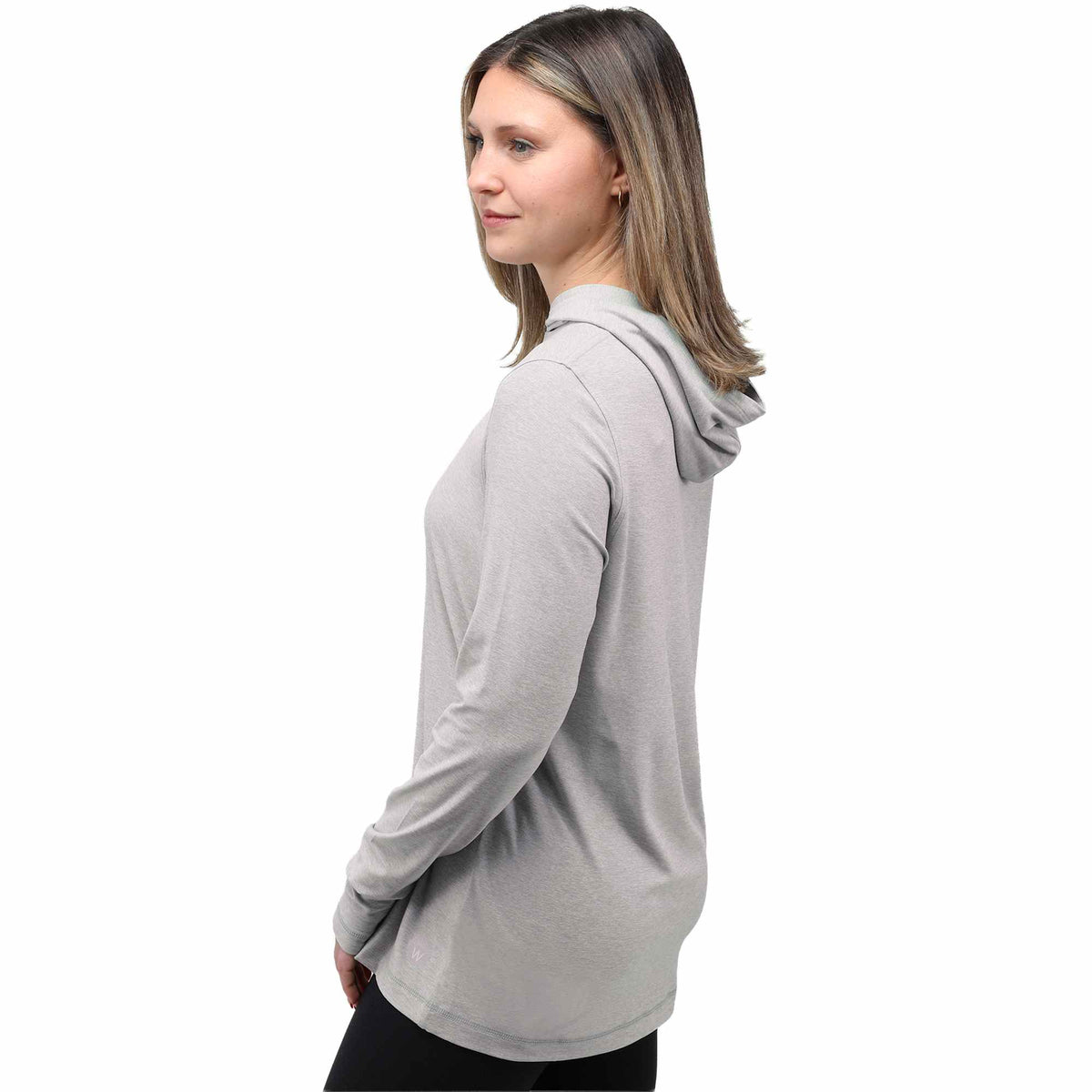 Wellable Stretch Knit Hoodie for Women Embroidery - Fossil Heather - Back On Model