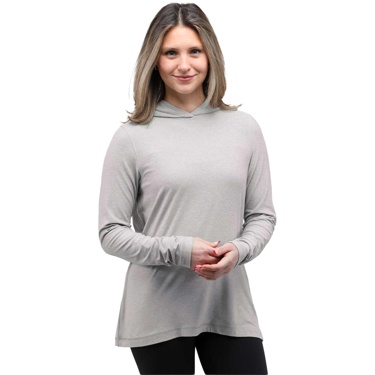 Wellable Stretch Knit Hoodie for Women Embroidery - Fossil Heather - Front On Model