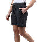 Wellable Stretch Knit Shorts for Women Embroidery - Grey Smoke - Left Side On Model