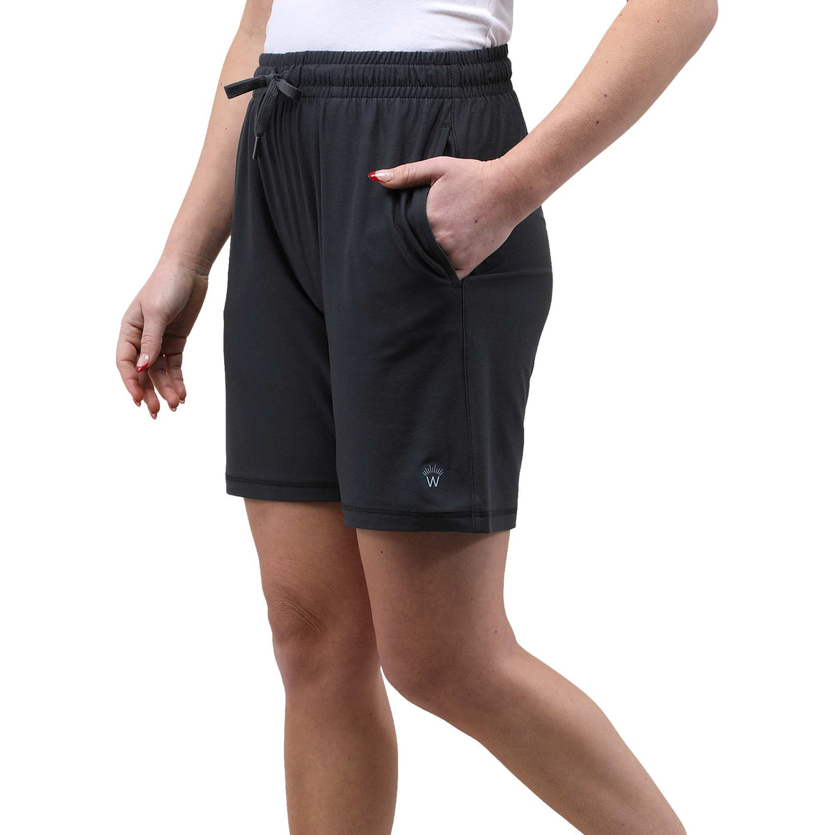 Wellable Stretch Knit Shorts for Women Transfer - Grey Smoke - Left Side On Model