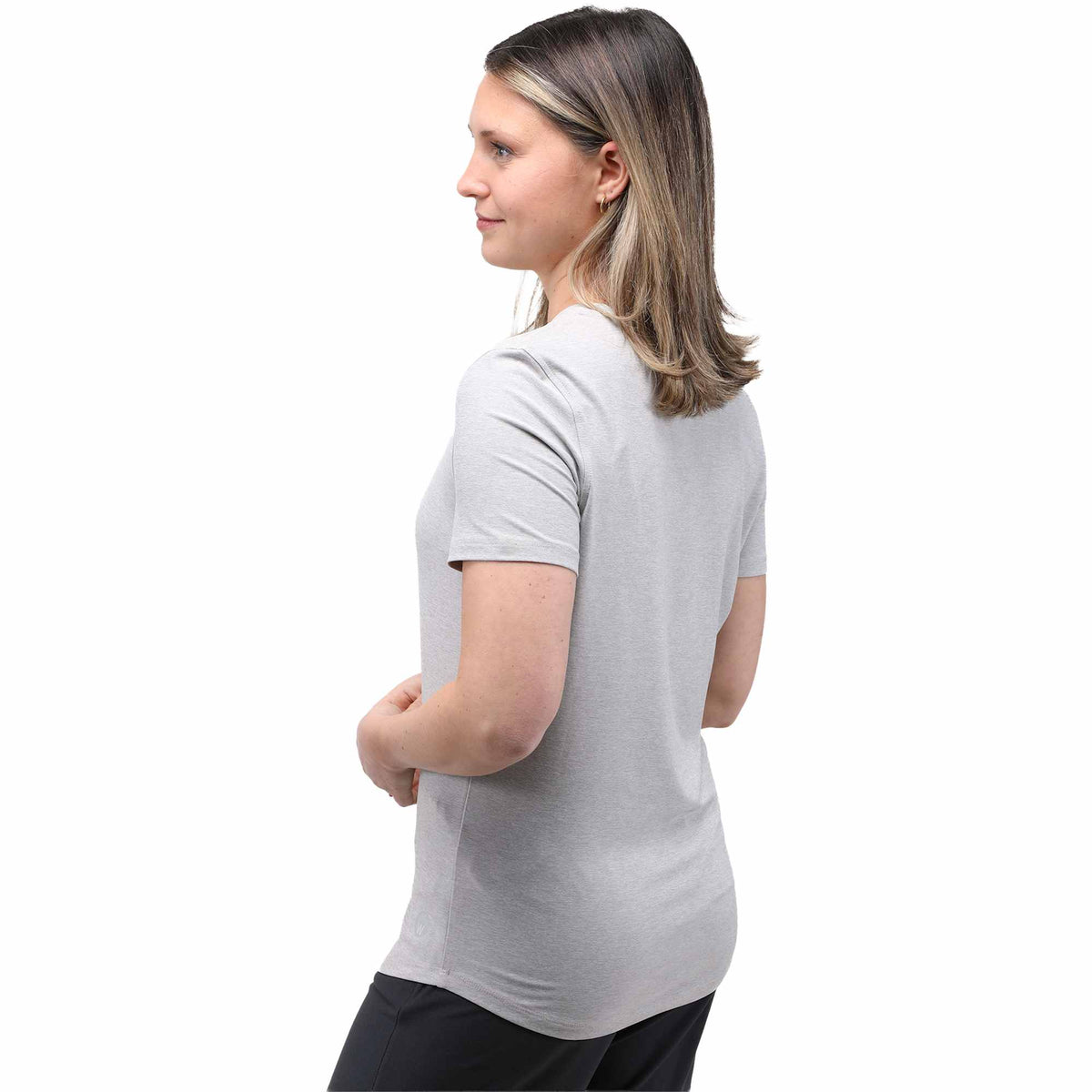 Wellable Stretch Performance Tee for Women Transfer - Fossil Heather - Back On Model