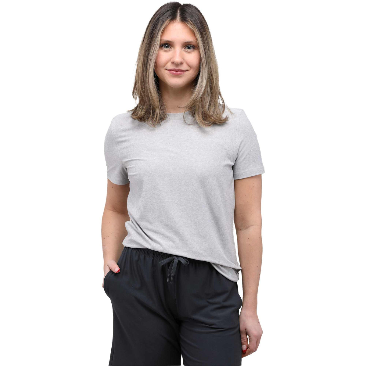 Wellable Stretch Performance Tee for Women Transfer - Fossil Heather - Front On Model