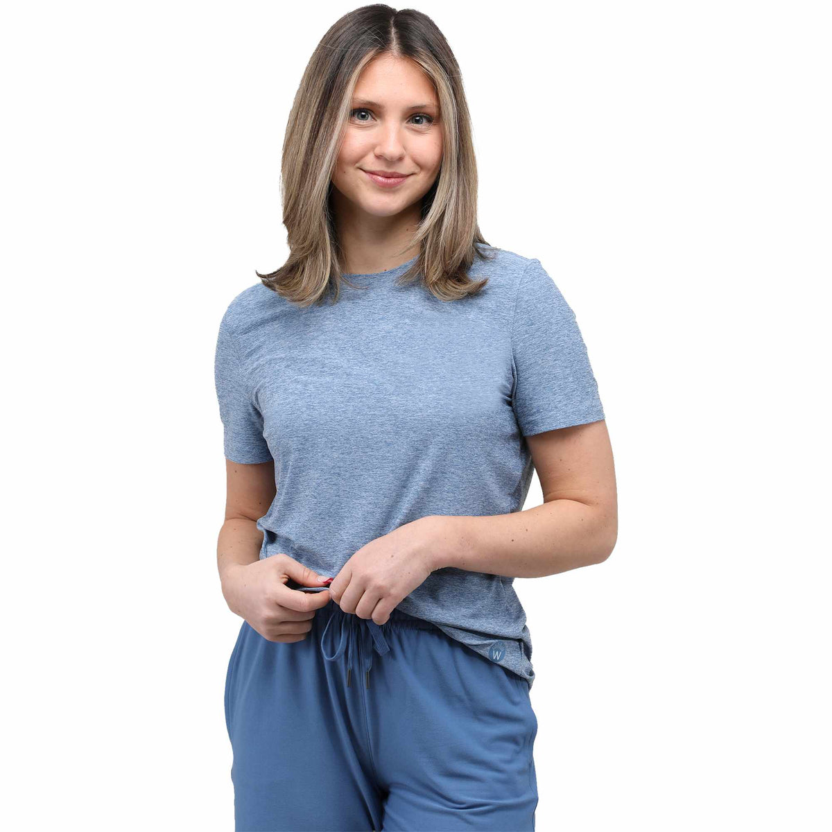 Wellable Stretch Performance Tee for Women Transfer - Moonlight Blue Heather - Front On Model