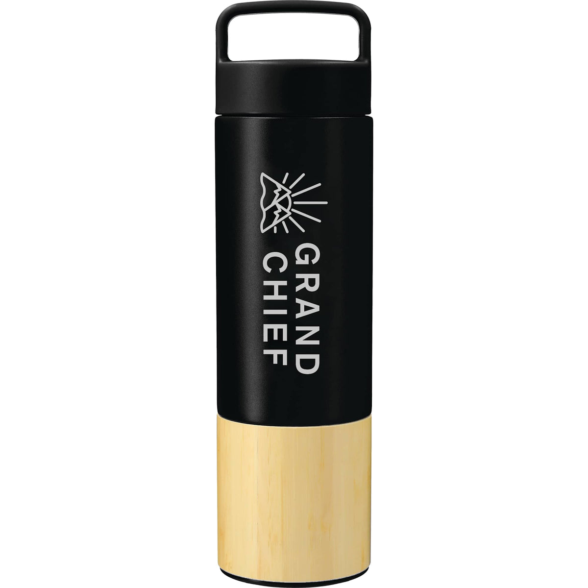 Welly Traveler Bottle with Bamboo Wrap and Infuser, 18 oz Laser Engraving - Black - Front