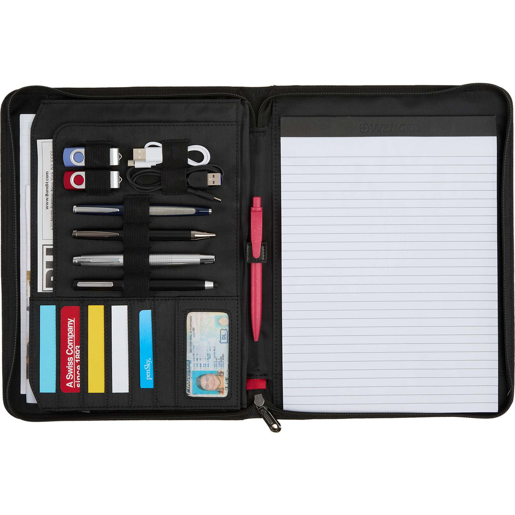 Wenger Zippered Padfolio with Gusset Pocket Debossing - Black - Propped