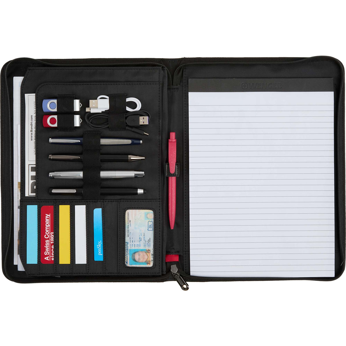 Wenger Zippered Padfolio with Gusset Pocket Debossing - Black - Propped