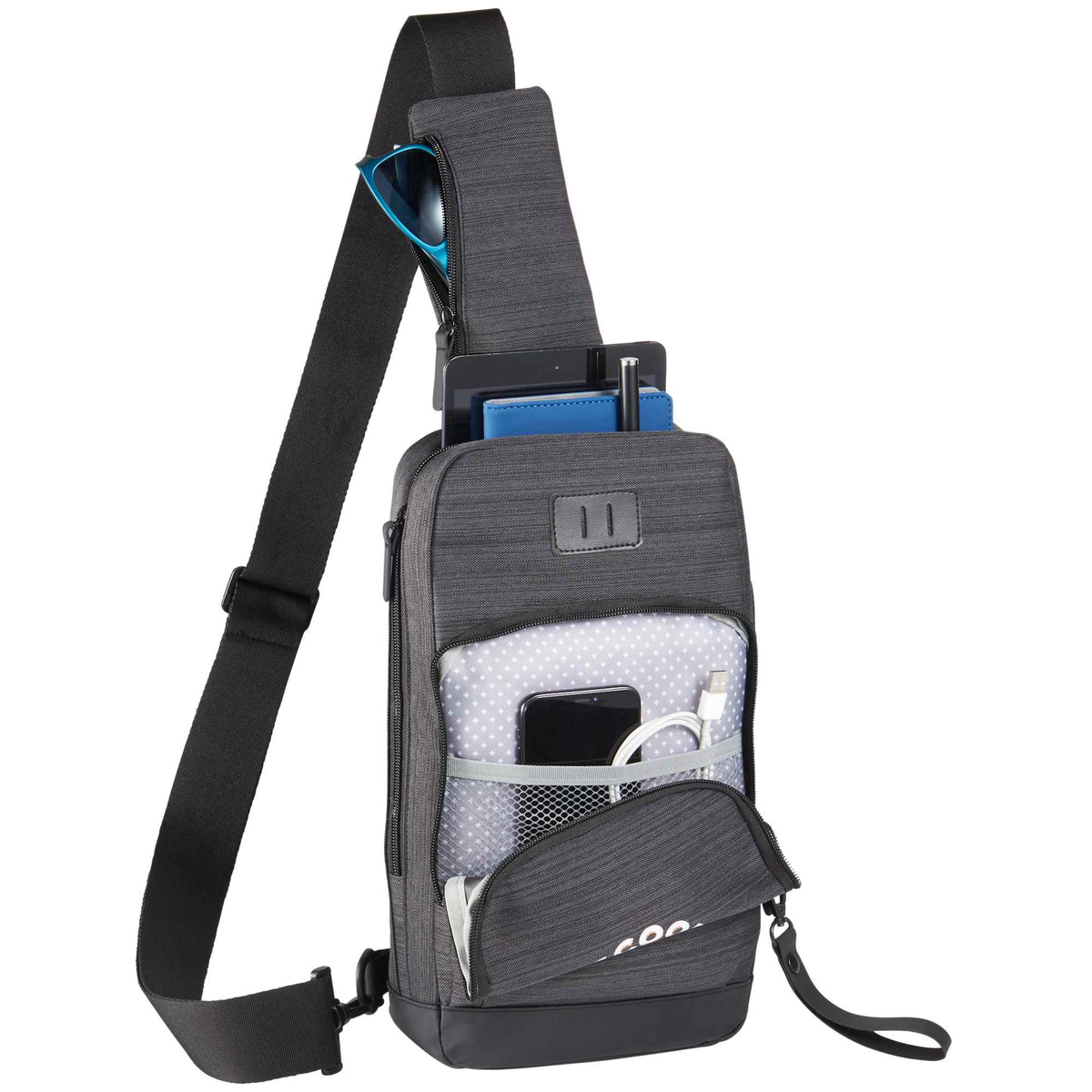 Whitby Sling Bag with USB Charging Port Embroidery - Charcoal - Front 2