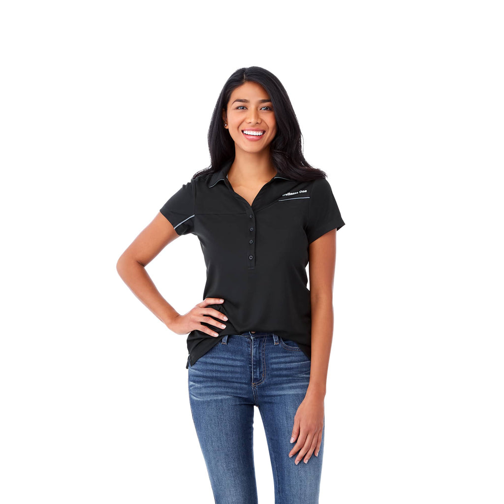 Wilcox Asymmetric Performance Polo for Women Transfer - Black/Steel Grey - Front On Model