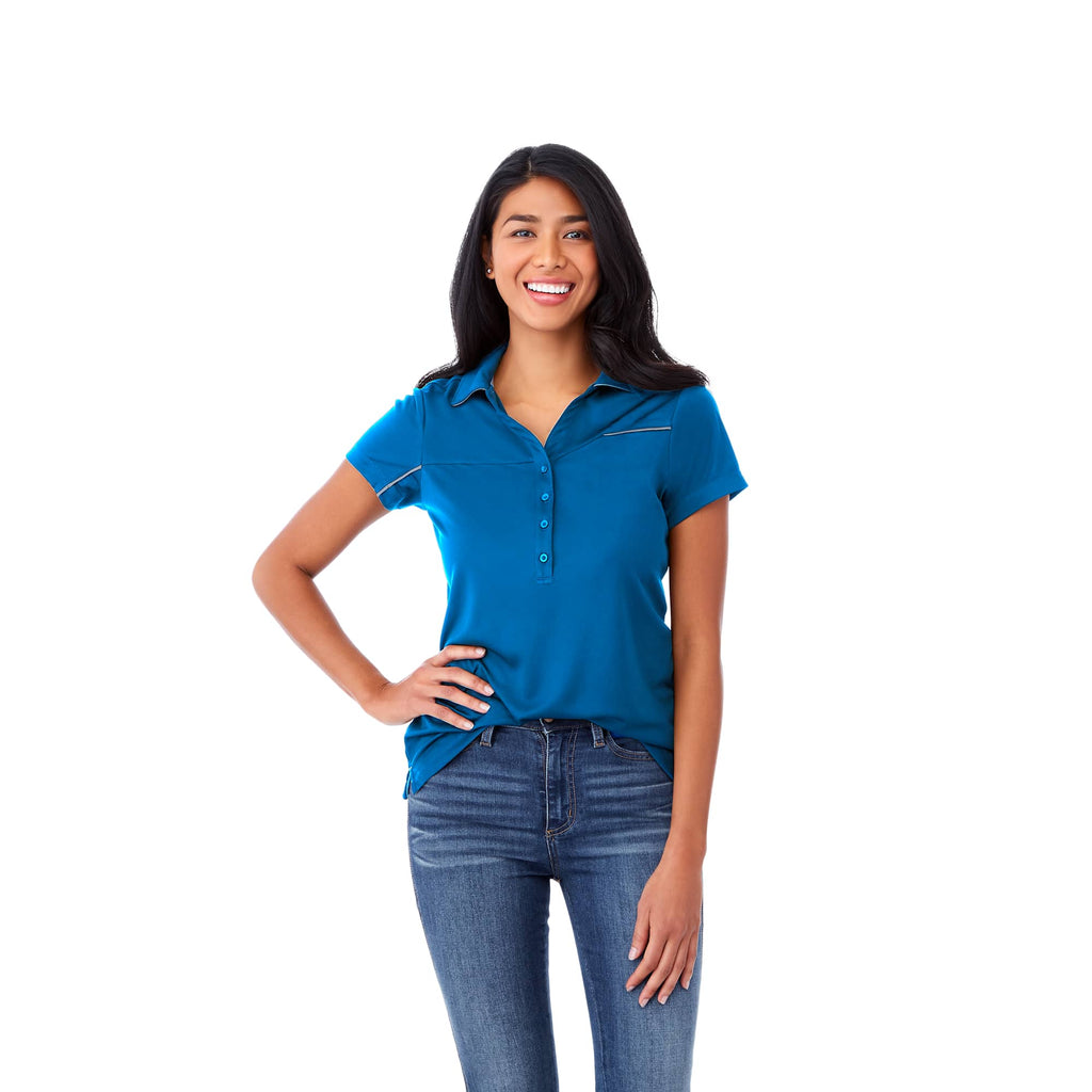 Wilcox Asymmetric Performance Polo for Women Transfer - Olympic Blue/Steel Grey - On Model