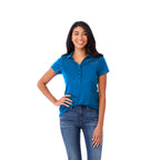 Wilcox Asymmetric Performance Polo for Women Transfer - Olympic Blue/Steel Grey - On Model
