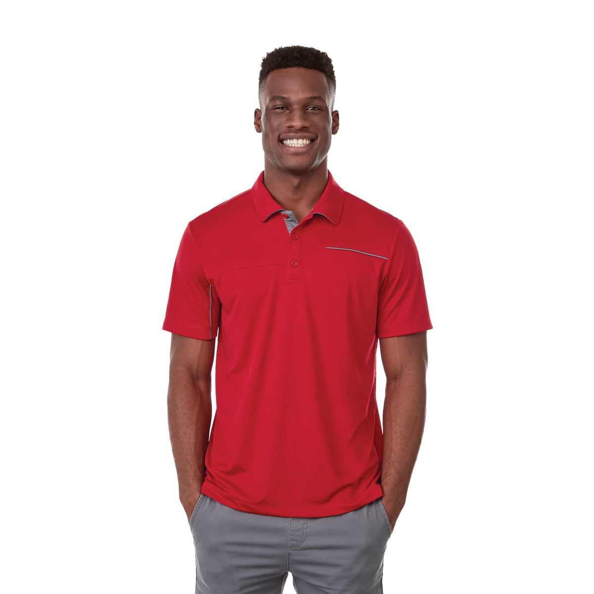 Wilcox Asymmetrical Performance Polo for Men Embroidery - Team Red/Steel Grey - Front