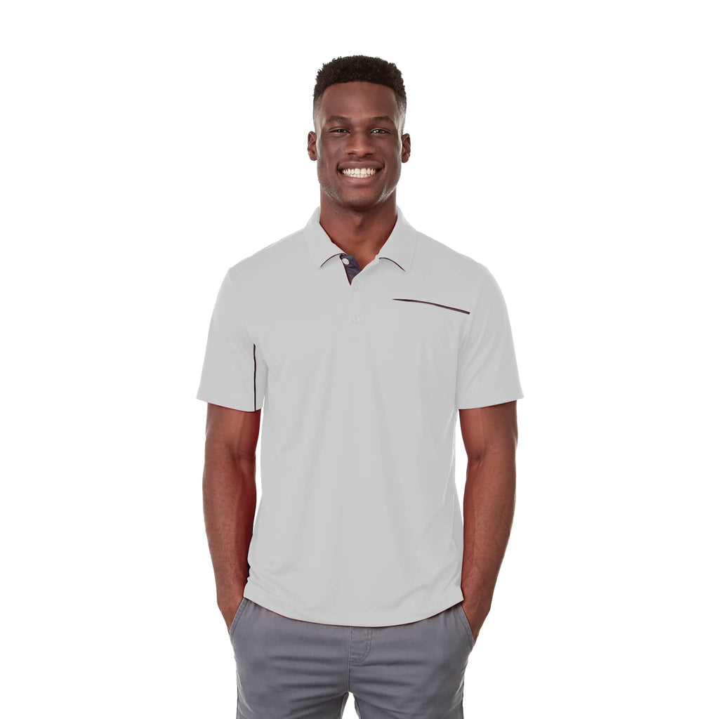 Wilcox Asymmetrical Performance Polo for Men Embroidery - White/Steel Grey - Front On Model
