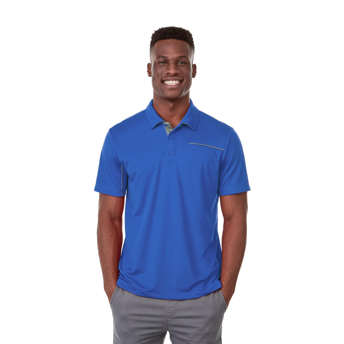Wilcox Asymmetrical Performance Polo for Men Laser Engraving - Olympic Blue/Steel Grey - Front