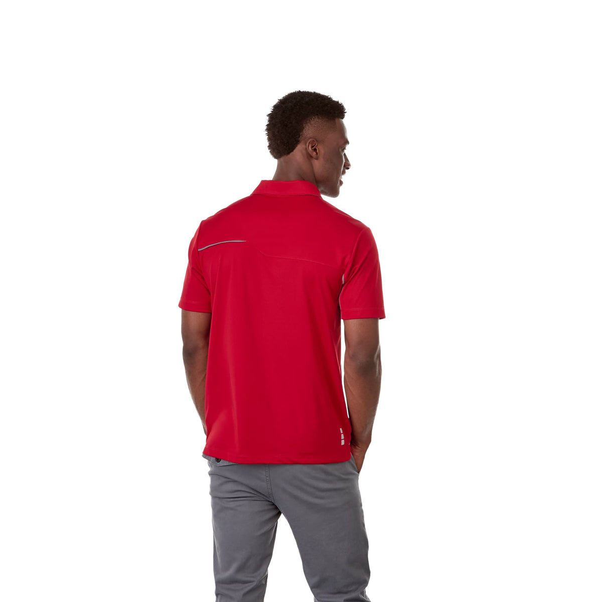 Wilcox Asymmetrical Performance Polo for Men Transfer - Team Red/Steel Grey - Back On Model
