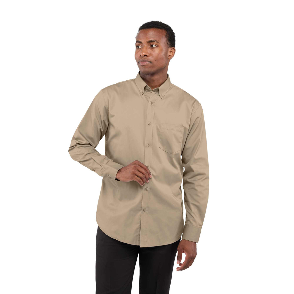 Wilshire Long Sleeve Twill Work Shirt for Men Embroidery - Desert Khaki - Front On Model