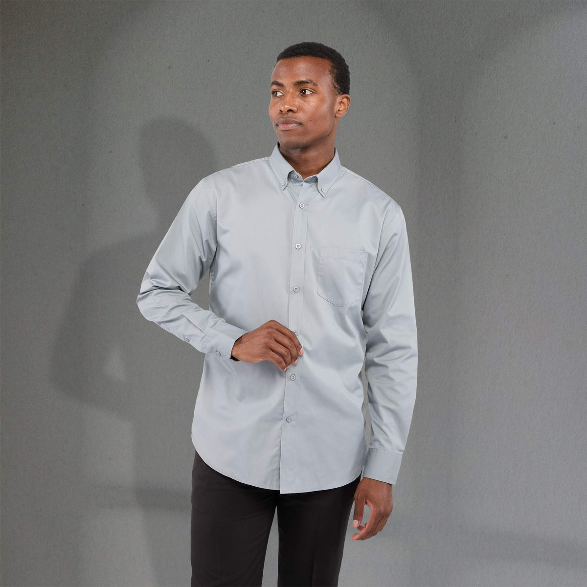 Wilshire Long Sleeve Twill Work Shirt for Men Embroidery - Grey - Front On Model 2