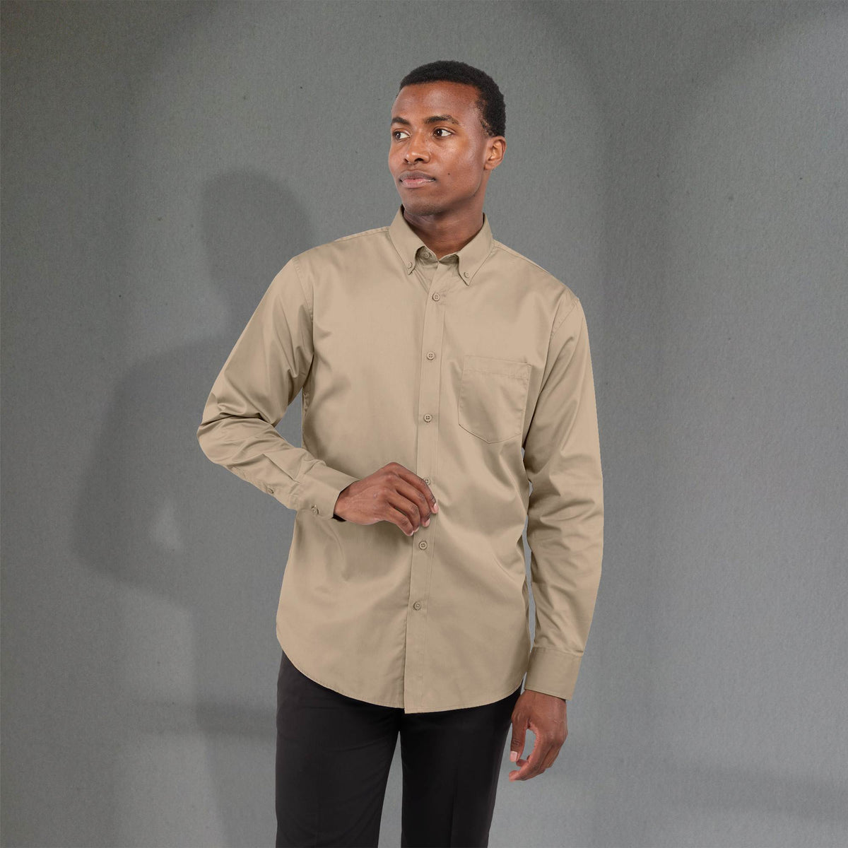 Wilshire Long Sleeve Twill Work Shirt for Men Transfer - Desert Khaki - Front On Model 2