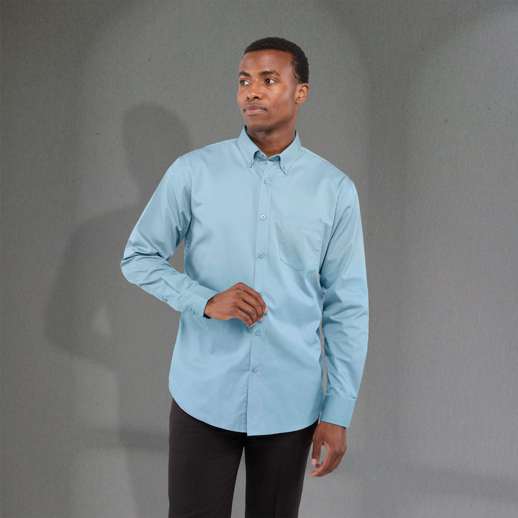 Wilshire Long Sleeve Twill Work Shirt for Men Transfer - Frost Blue - Front On Model 2