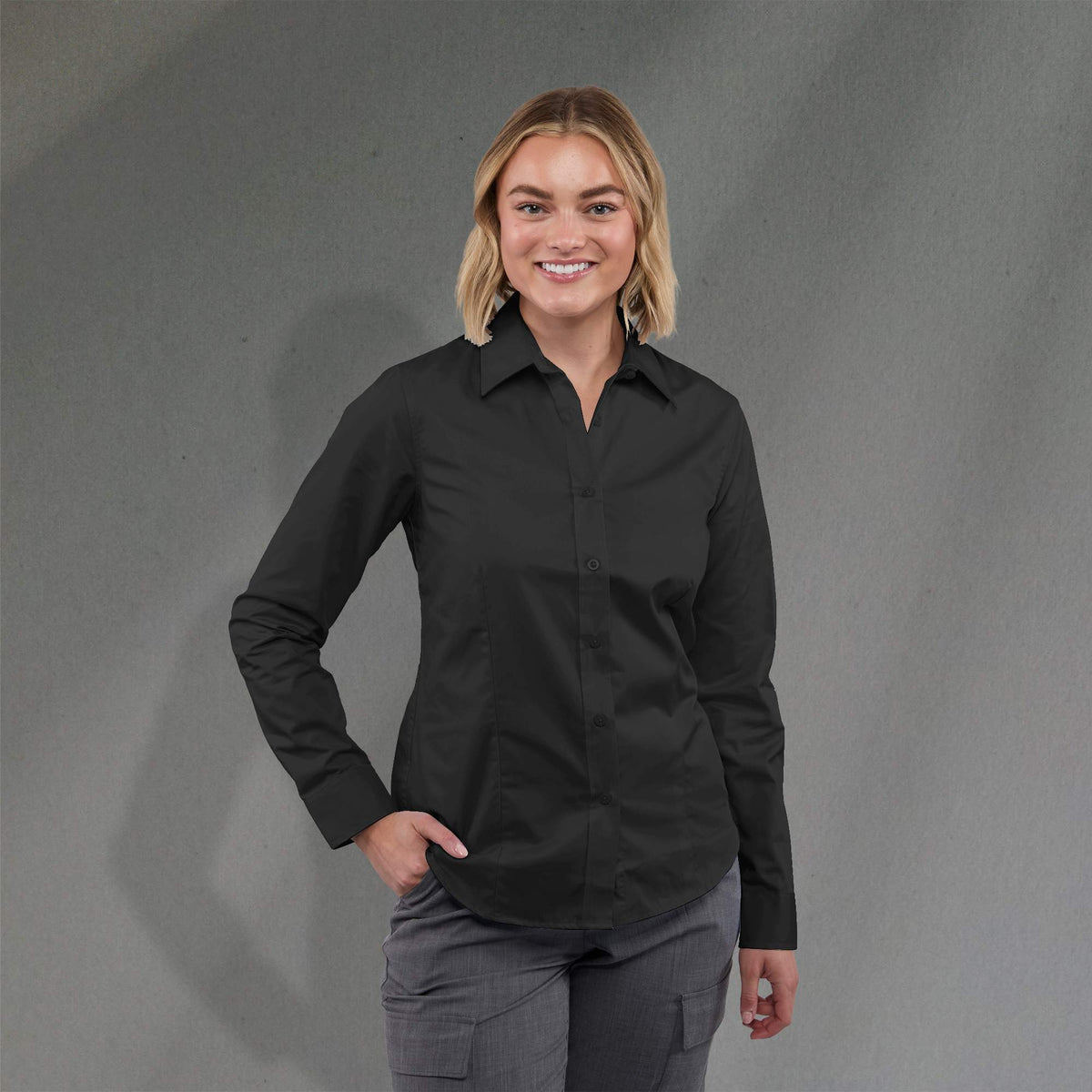 Wilshire Long Sleeve Twill Work Shirt for Women Embroidery - Black - Front On Model 2