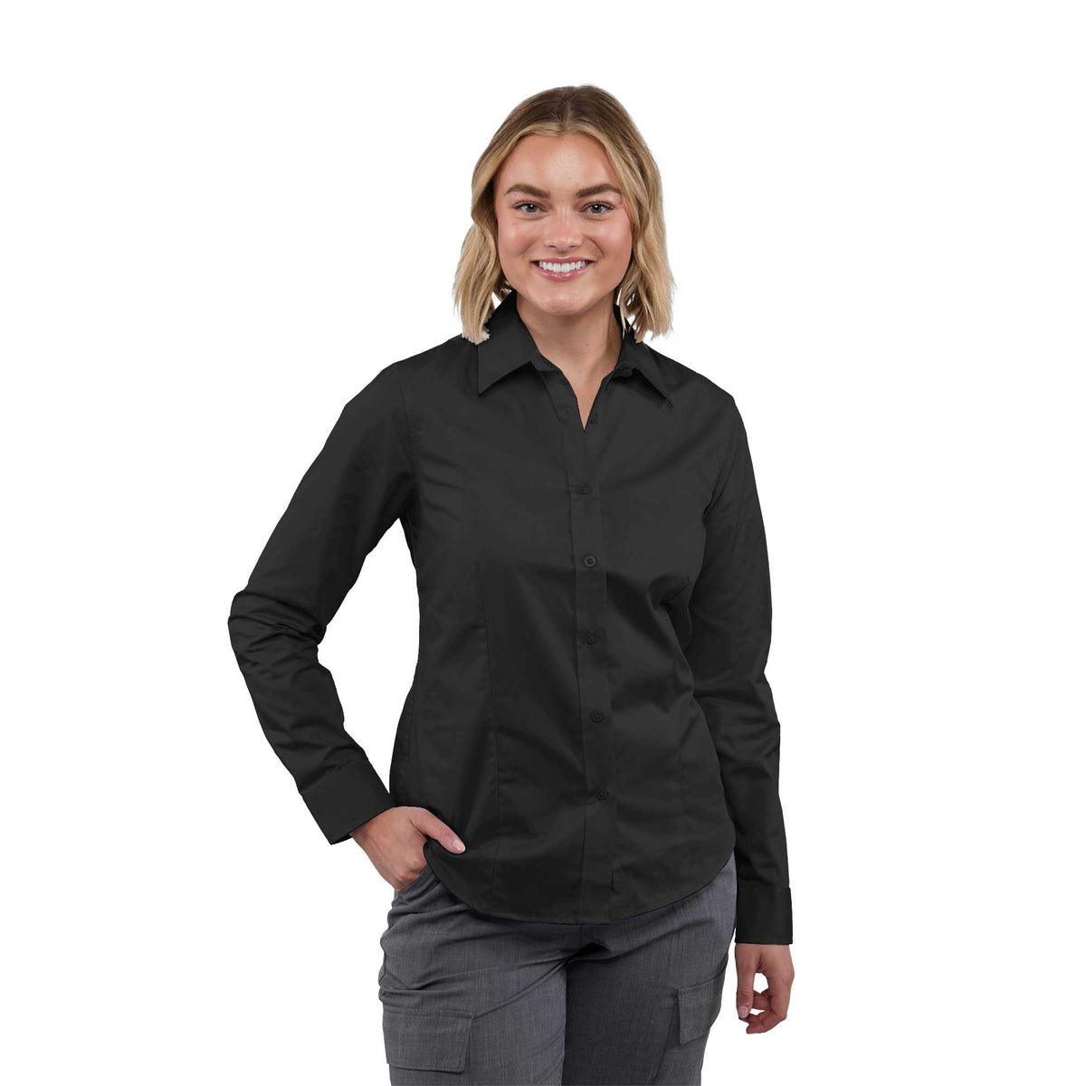 Wilshire Long Sleeve Twill Work Shirt for Women Embroidery - Black - Front On Model