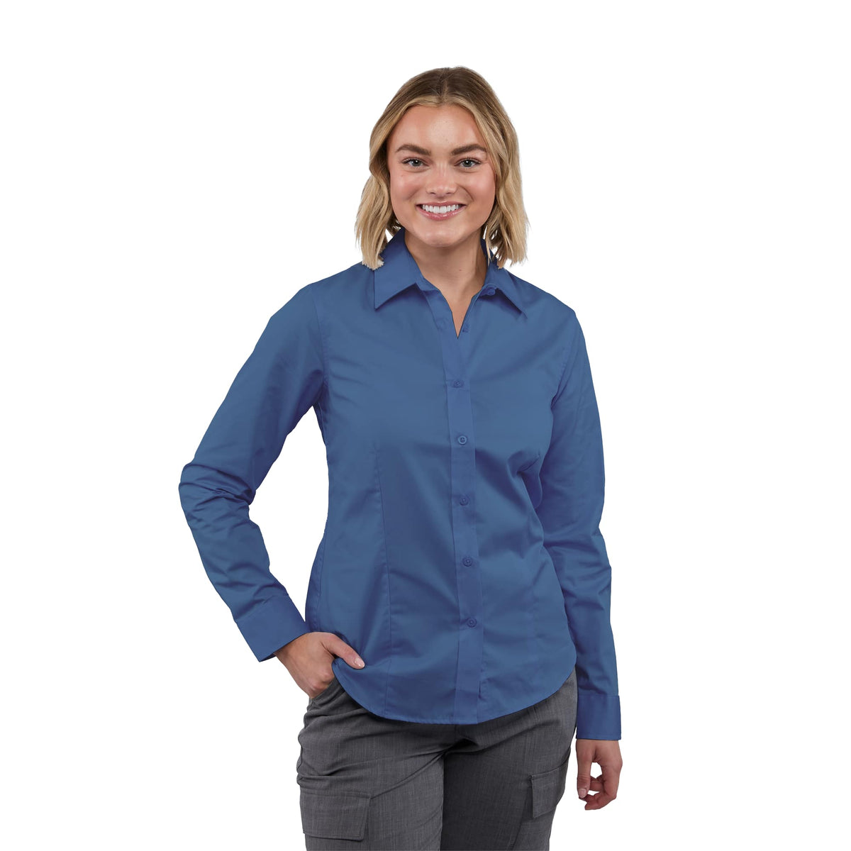Wilshire Long Sleeve Twill Work Shirt for Women Embroidery - Blue - Front