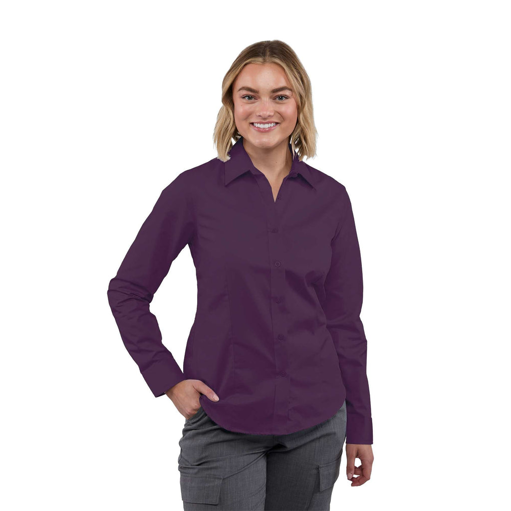 Wilshire Long Sleeve Twill Work Shirt for Women Embroidery - Dark Plum - Front On Model