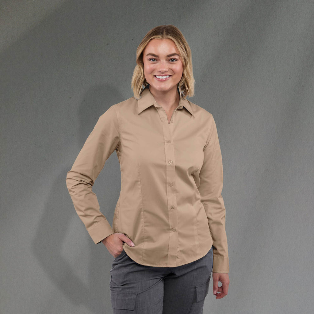 Wilshire Long Sleeve Twill Work Shirt for Women Embroidery - Desert Khaki - Front On Model 2