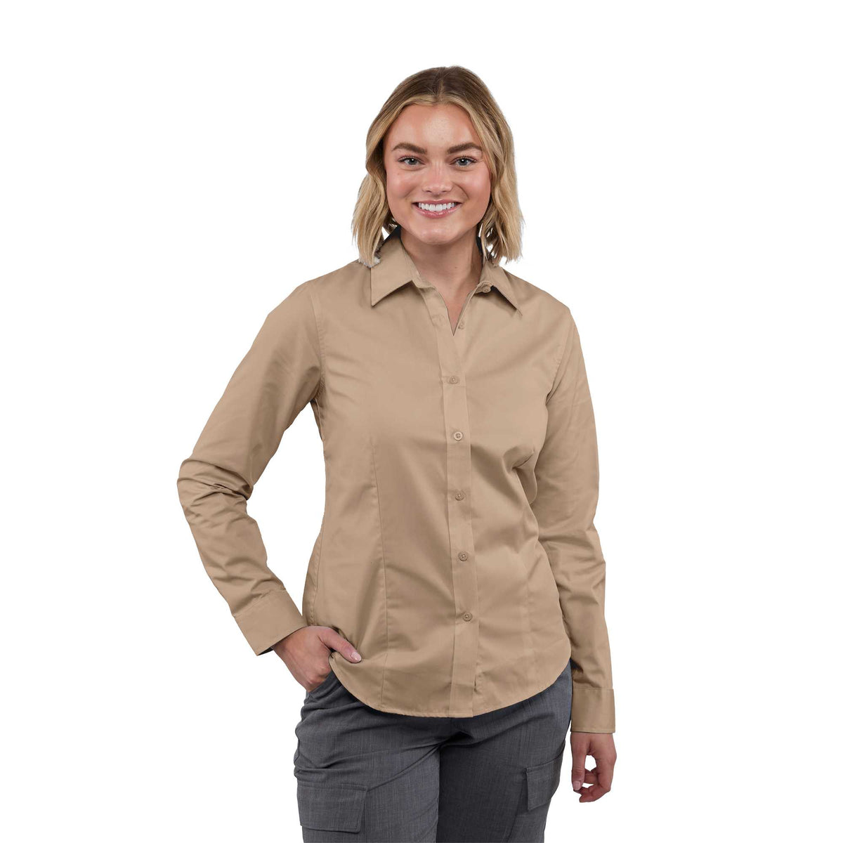 Wilshire Long Sleeve Twill Work Shirt for Women Embroidery - Desert Khaki - Front On Model