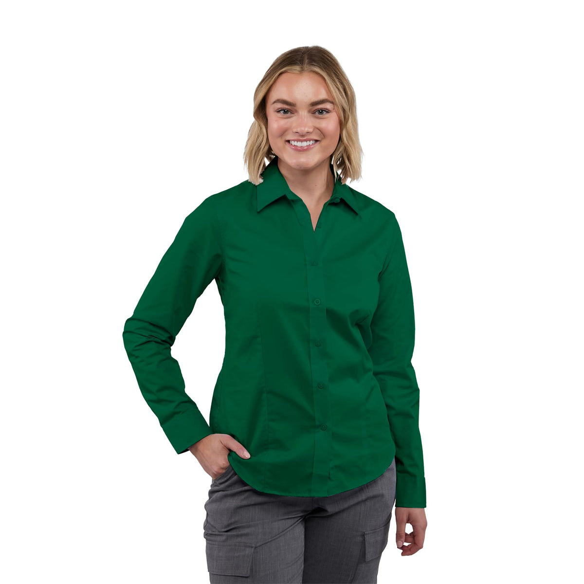 Wilshire Long Sleeve Twill Work Shirt for Women Embroidery - Forest Green - Front On Model
