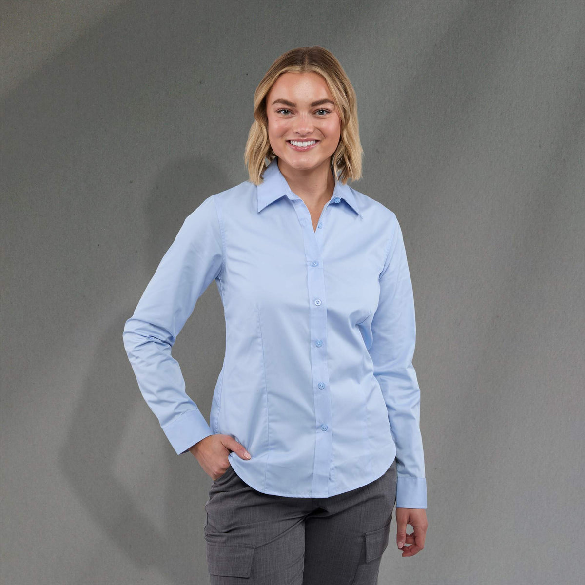 Wilshire Long Sleeve Twill Work Shirt for Women Embroidery - Frost Blue - Front On Model 2