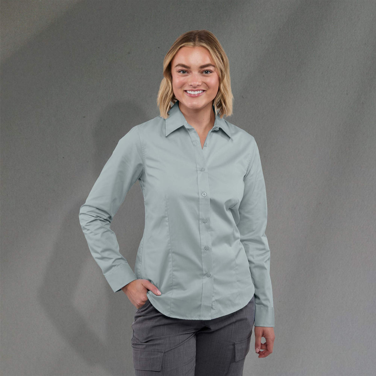 Wilshire Long Sleeve Twill Work Shirt for Women Embroidery - Grey - Front On Model 2