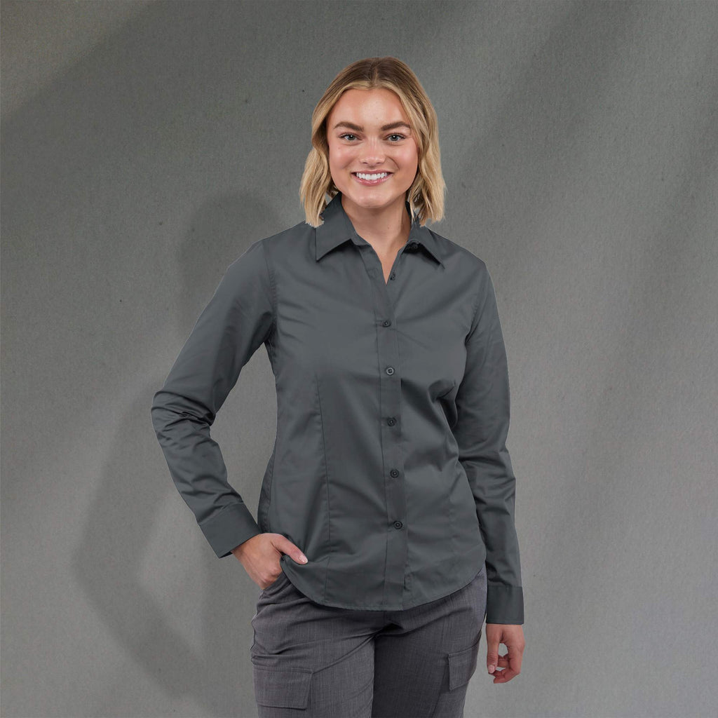 Wilshire Long Sleeve Twill Work Shirt for Women Embroidery - Grey Storm - Front On Model 2