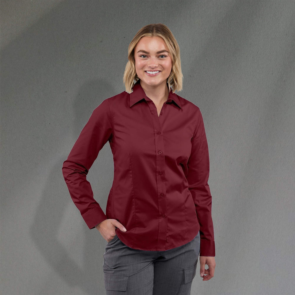 Wilshire Long Sleeve Twill Work Shirt for Women Embroidery - Maroon - Front On Model 2