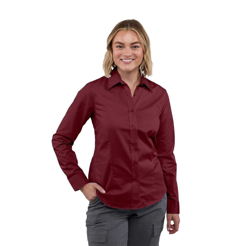 Wilshire Long Sleeve Twill Work Shirt for Women Embroidery - Maroon - Front On Model