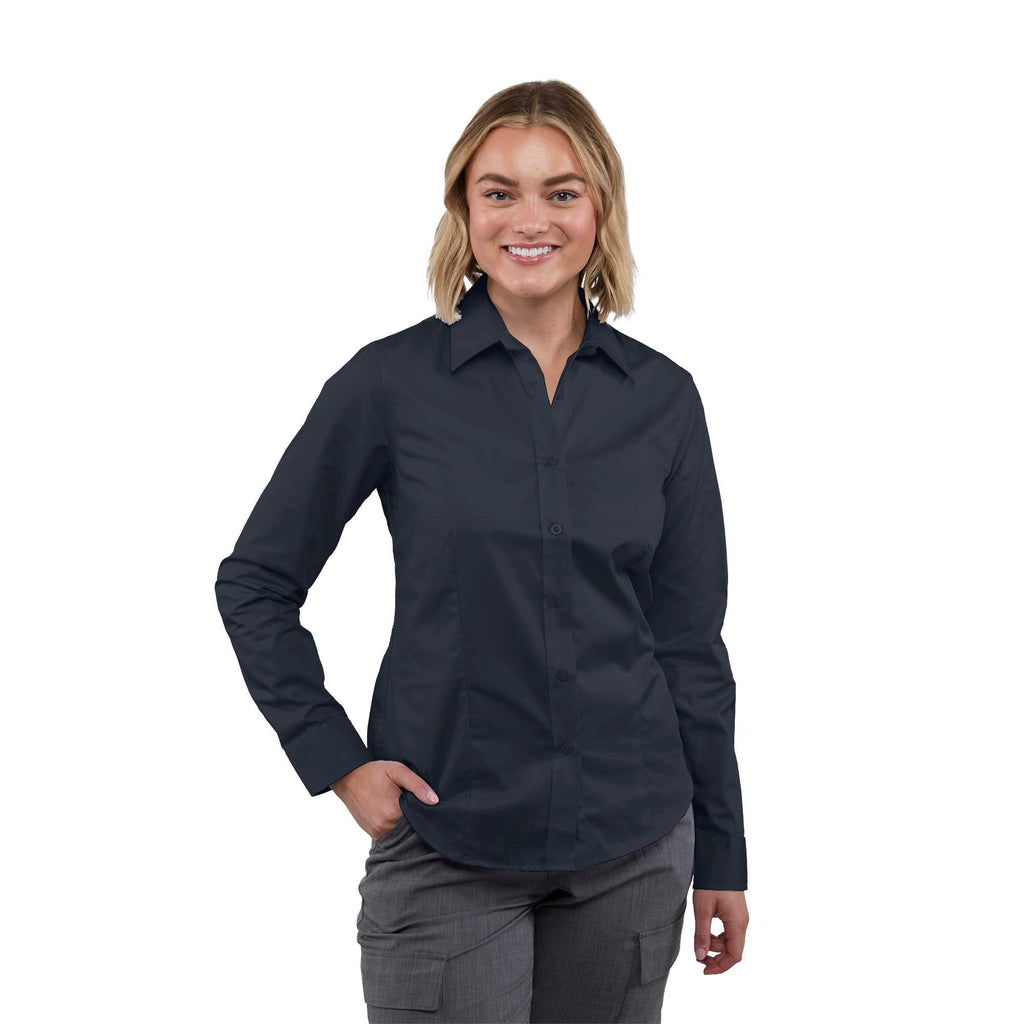 Wilshire Long Sleeve Twill Work Shirt for Women Embroidery - Navy - Front On Model