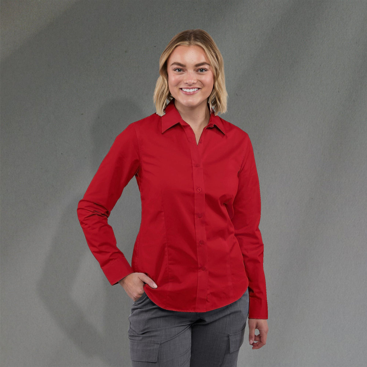 Wilshire Long Sleeve Twill Work Shirt for Women Embroidery - Team Red - Front On Model 2