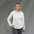 Wilshire Long Sleeve Twill Work Shirt for Women Embroidery - White - Front On Model 2