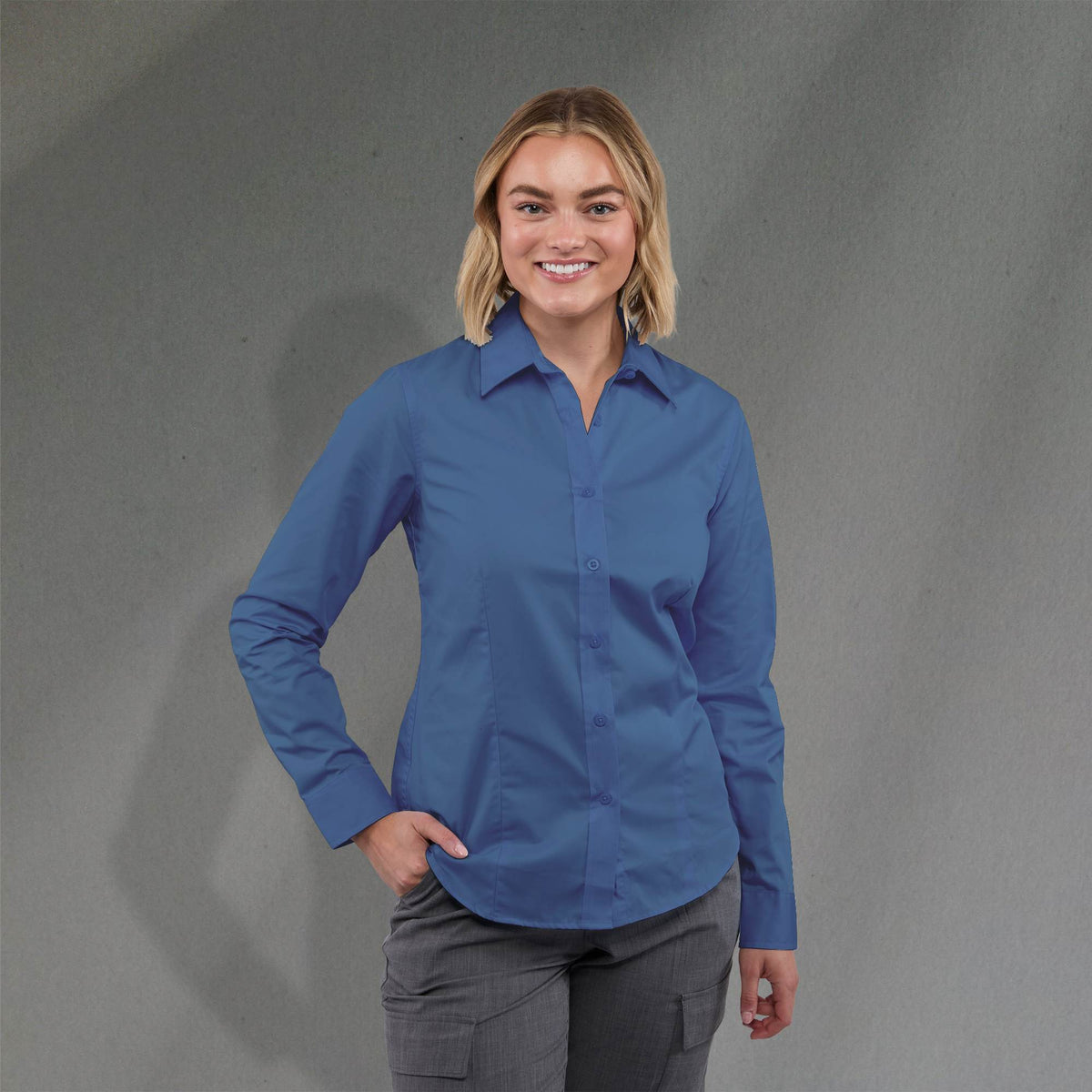 Wilshire Long Sleeve Twill Work Shirt for Women Transfer - Blue - Front On Model