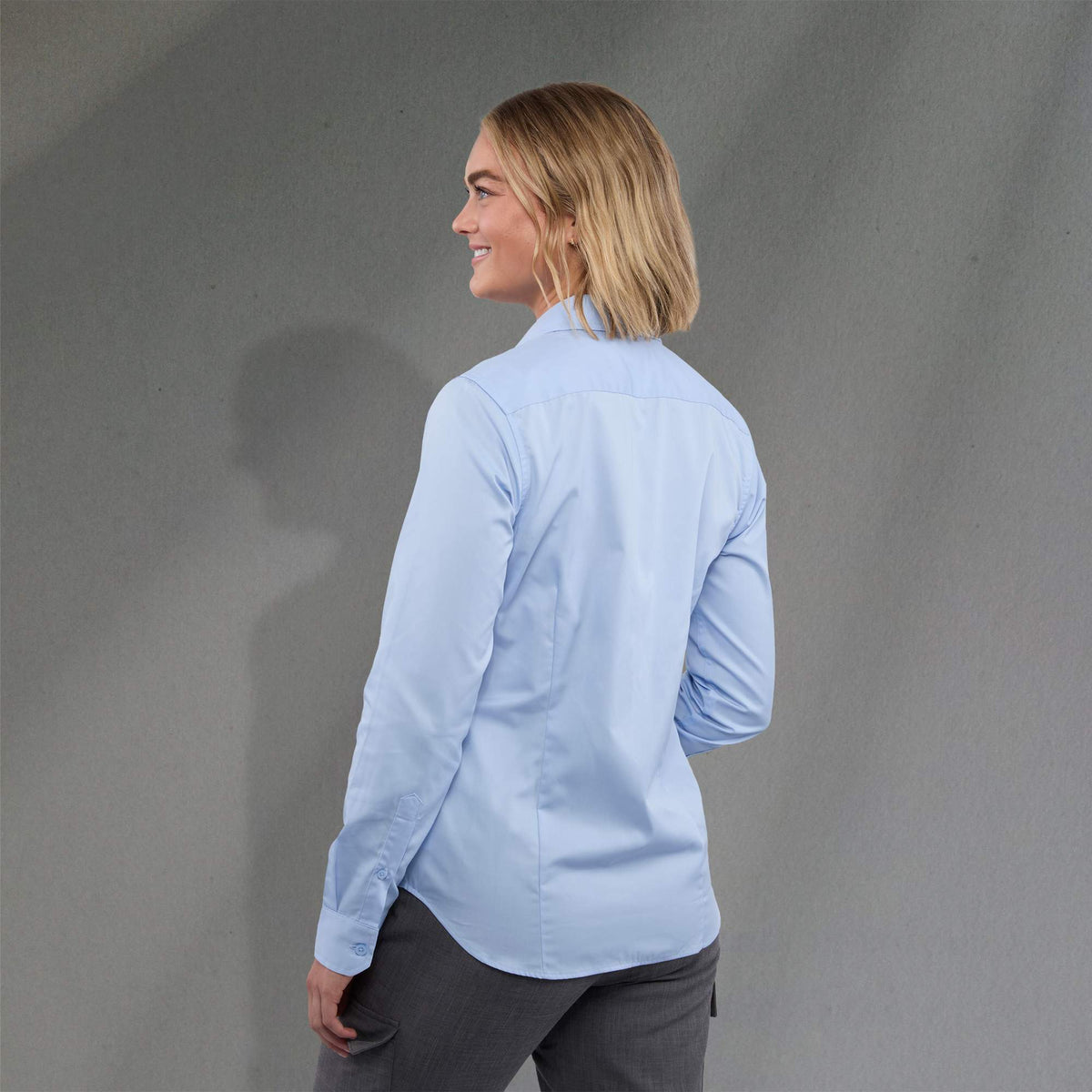 Wilshire Long Sleeve Twill Work Shirt for Women Transfer - Frost Blue - Back On Model