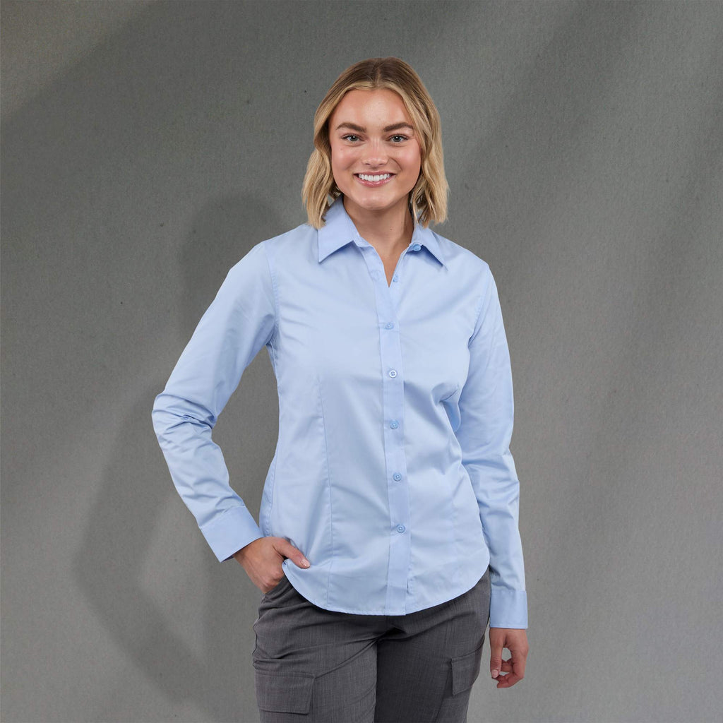 Wilshire Long Sleeve Twill Work Shirt for Women Transfer - Frost Blue - Front On Model 2