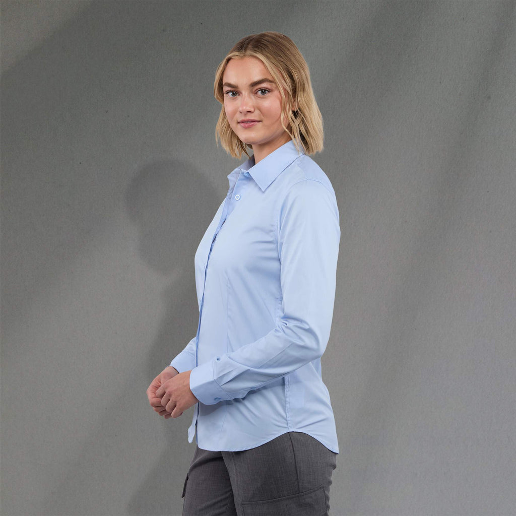 Wilshire Long Sleeve Twill Work Shirt for Women Transfer - Frost Blue - Left Side On Model