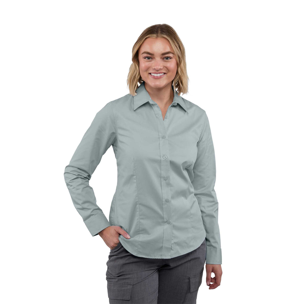 Wilshire Long Sleeve Twill Work Shirt for Women Transfer - Grey - Front On Model